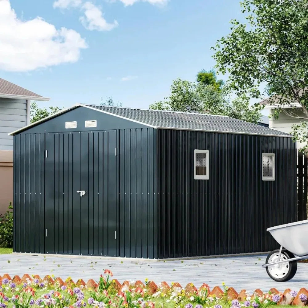 10X12X7.5 FT Outdoor Steel Storage Shed with Lockable Doors, 2 Windows, Transparent Roof Panels (Wood Panels & Frame Floor Not I
