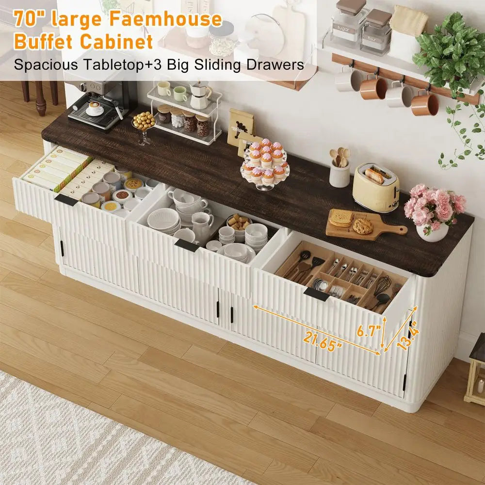 Curved Buffet Cabinet With 3 Storage Drawers And Steel Shelves