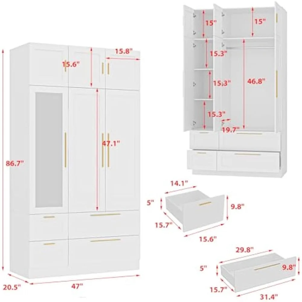 modern wooden wardrobe with mirror, hanging rod, shelves, and 4 drawers for bedroom storage