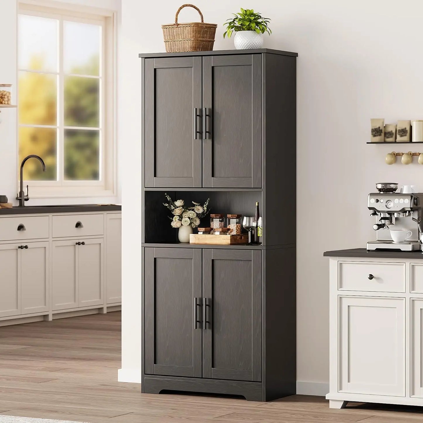 Studyset Freestanding Kitchen Pantry Cabinet With 4 Doors Adjustable Shelves