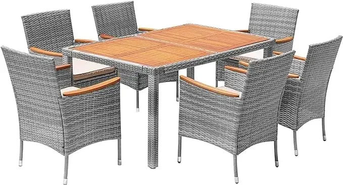Acacia Wood Top Patio Conversation Set With Rattan Table And Chairs