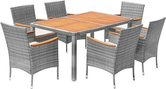 Acacia Wood Top Patio Conversation Set With Rattan Table And Chairs