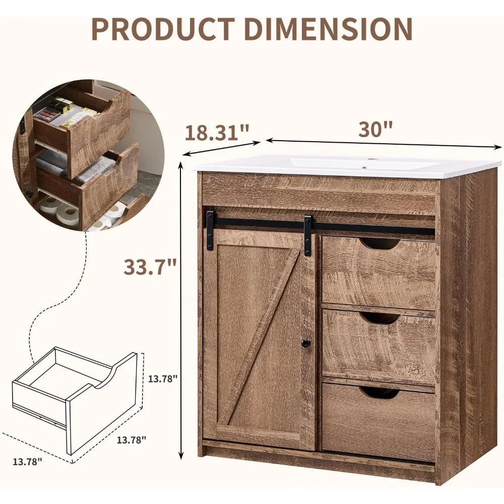 30" Farmhouse Vanity with Sink, 33.7" Tall with Sliding Barn Door, Wooden Floor Standing Cabinet w/3 Drawers & Adjustable Shelve