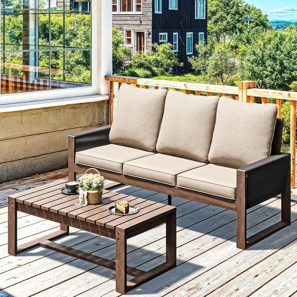 MKDK Patio Wood and PET Rope Sofa With Coffee Table