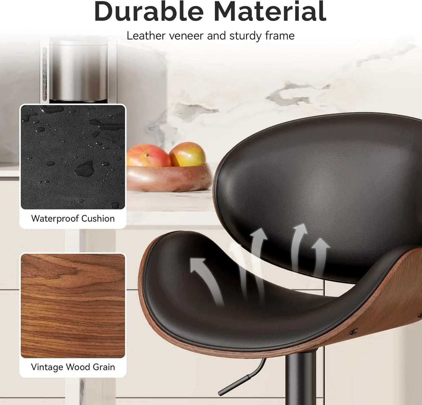 Swivel Bar Stools 2 Adjustable Bentwood PU Leather Back Footrest