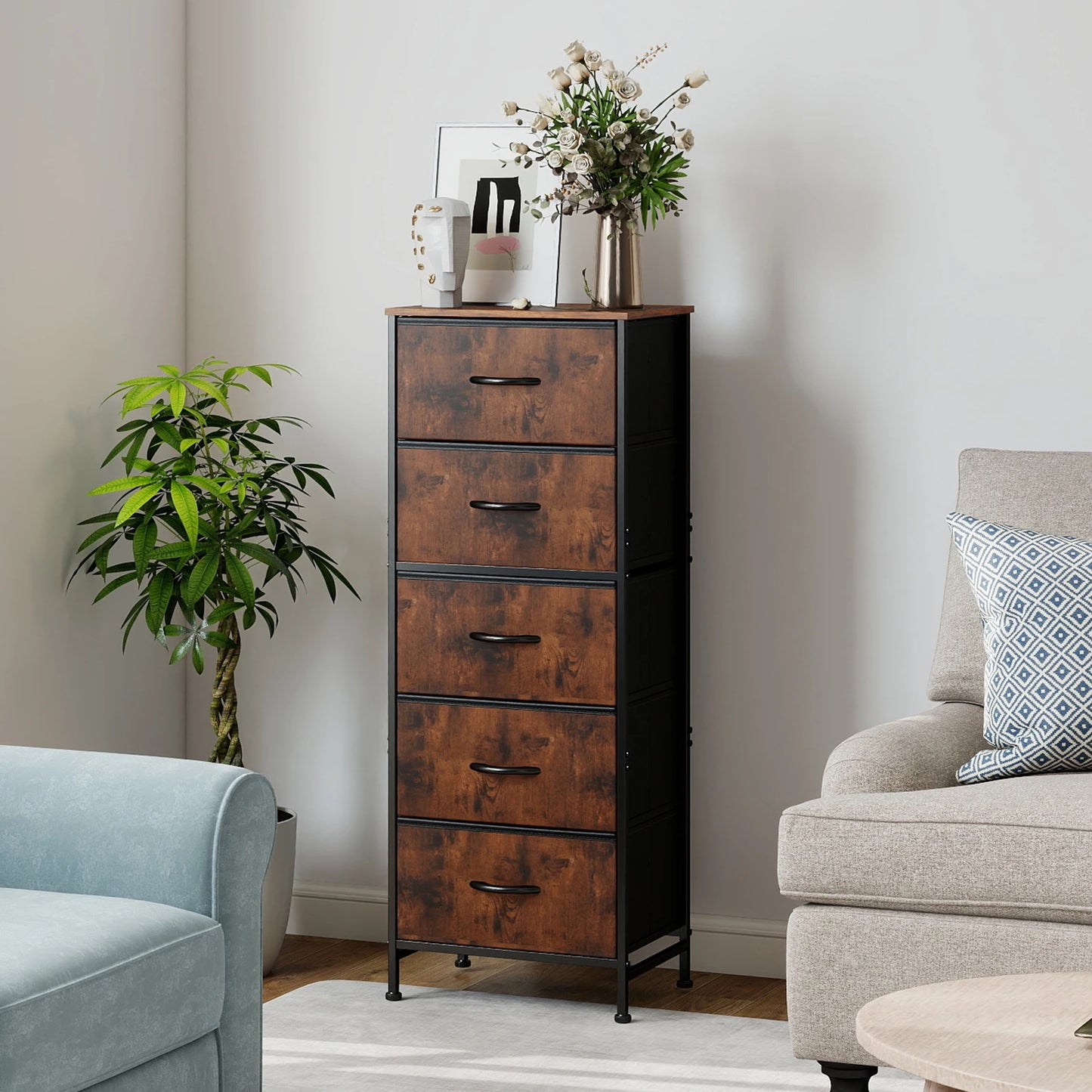 JHK Bedroom Dresser With Five Fabric Drawers Nightstand And Wardrobe