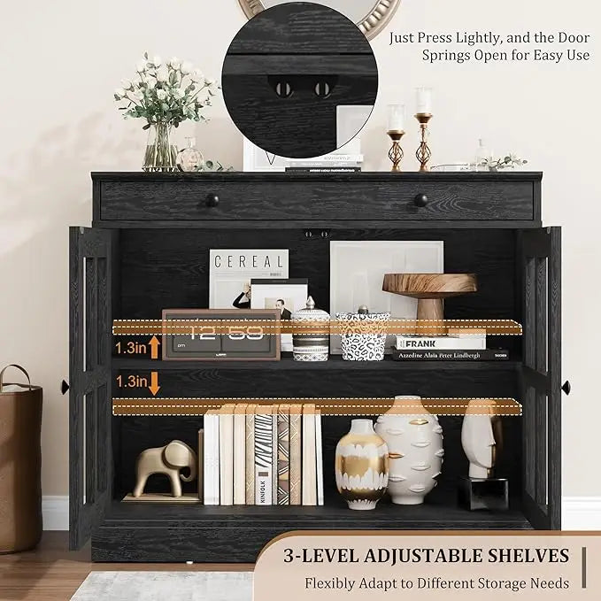 HiMISS Oak Sideboard Buffet Cabinet With Glass Door And Drawer