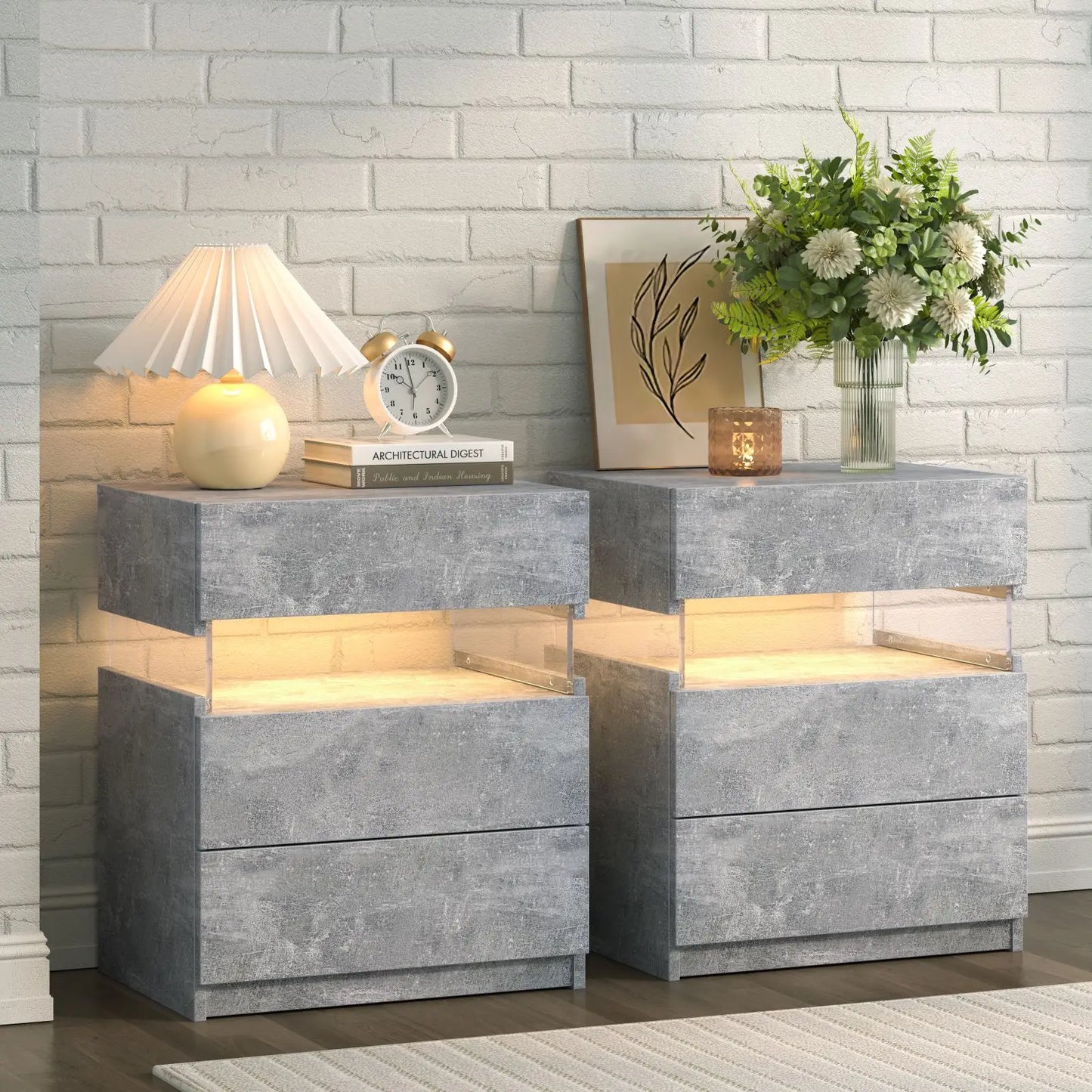 Cubehom Bedside Tables 2Pack With LED Lighting And 3 Drawers
