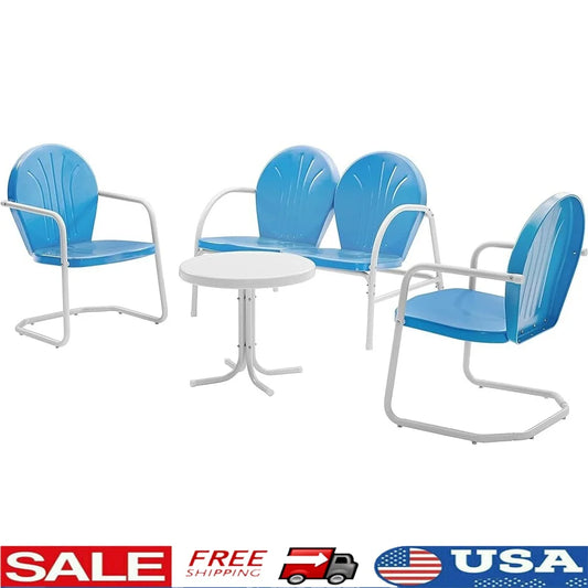 4 Piece Retro Metal Outdoor Loveseat Patio Furniture Set Sky Blue Durable Steel Vintage Chairs Side Table Garden Deck Porch