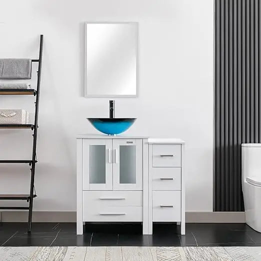 36" Modern Bathroom Vanity Sink Combo White W/Small Side Cabinet Turquoise Square Glass Vessel Sink & Water Save Faucet & Pop U