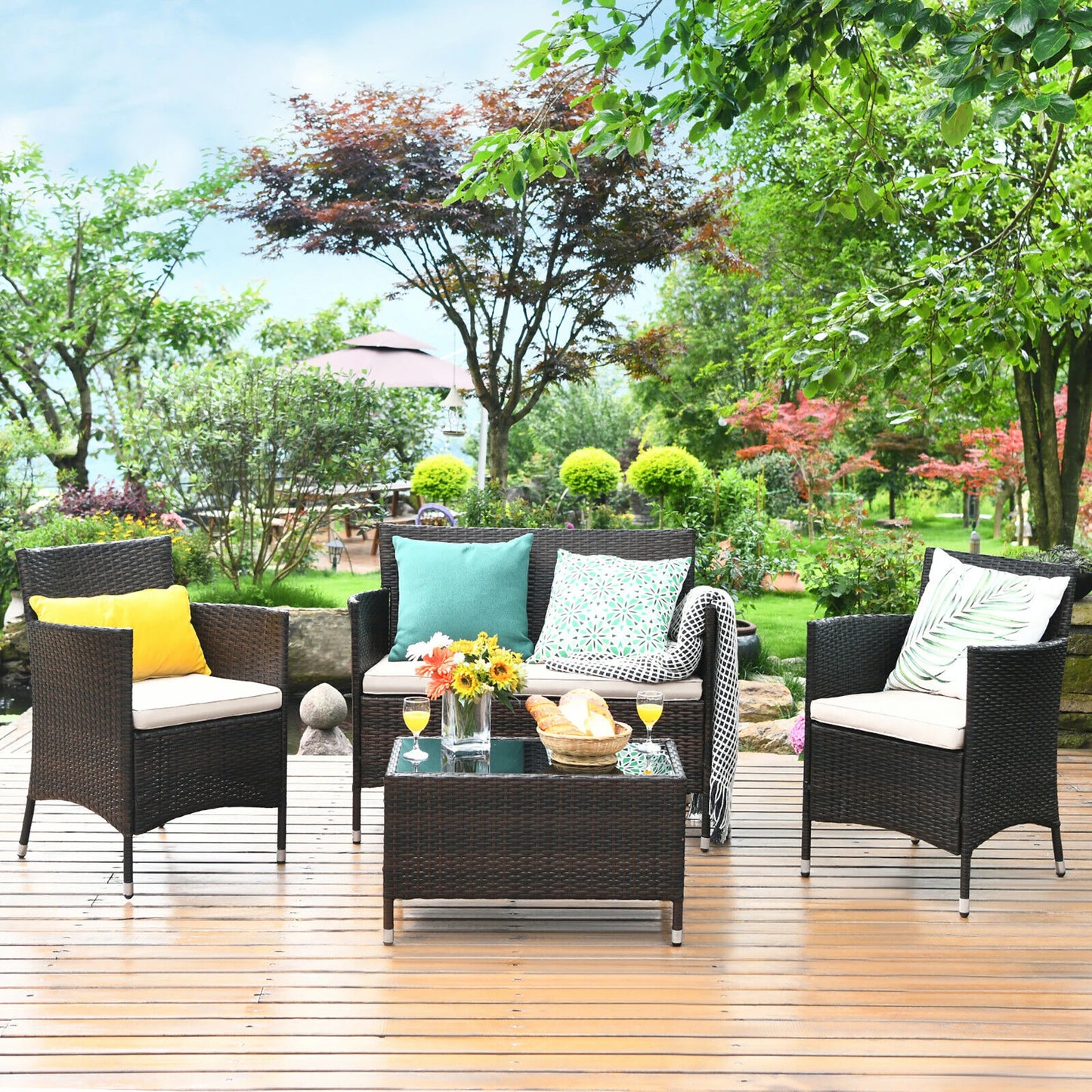 HOMASIS 4 Piece Rattan Patio Furniture Set Cushioned Sofa Chairs