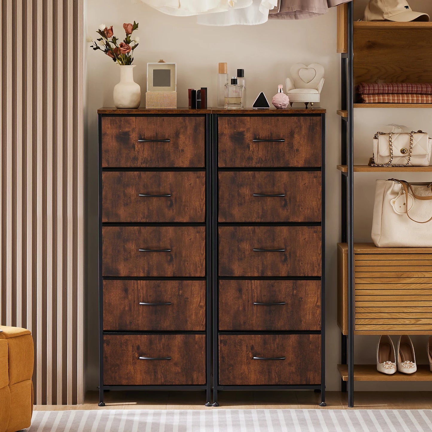 JHK Bedroom Dresser With Five Fabric Drawers Nightstand And Wardrobe