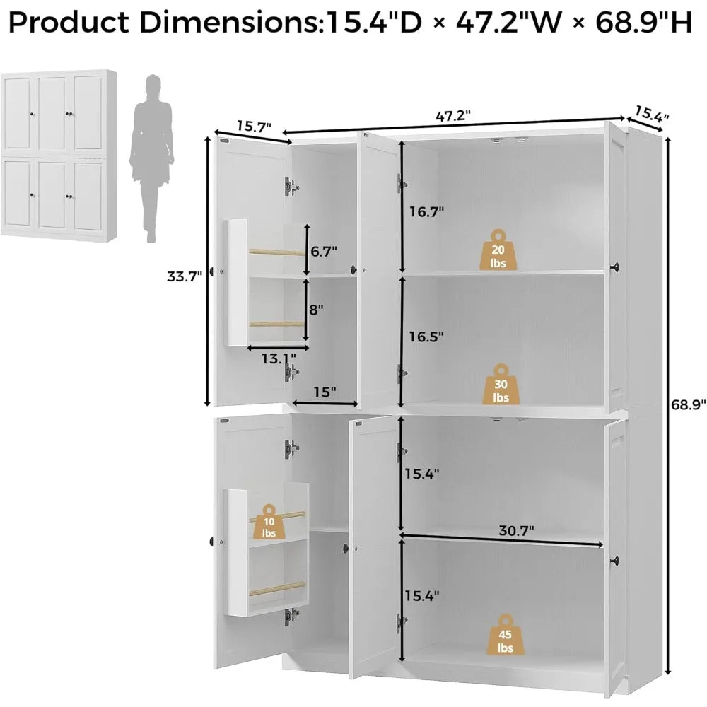 Charge Pantry Storage Cabinet With 6 Doors And 8 Shelves