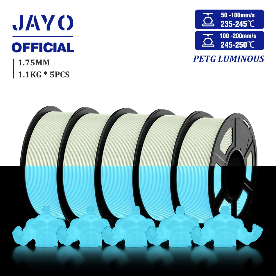 JAYO PLA Filament 1.75mm Glow in the Dark PETG 3D Printer Filament 1.1KG Neatly Wound Luminous 3D Printing Material For FDM