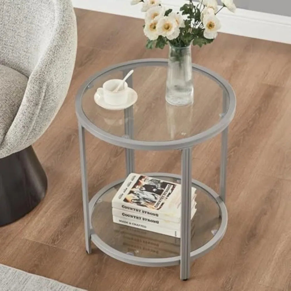 Glass End Table Two Tier Metal Frame Living Room Table