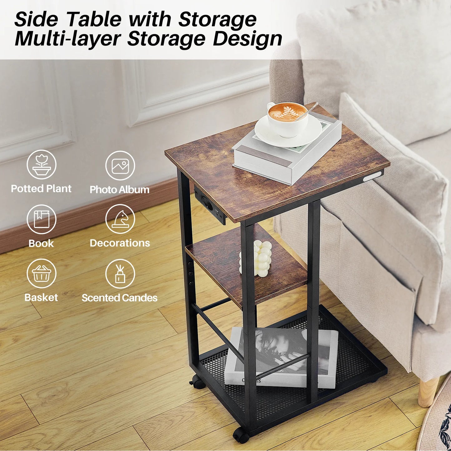C Shaped End Table With Charging Station And Rolling Wheels