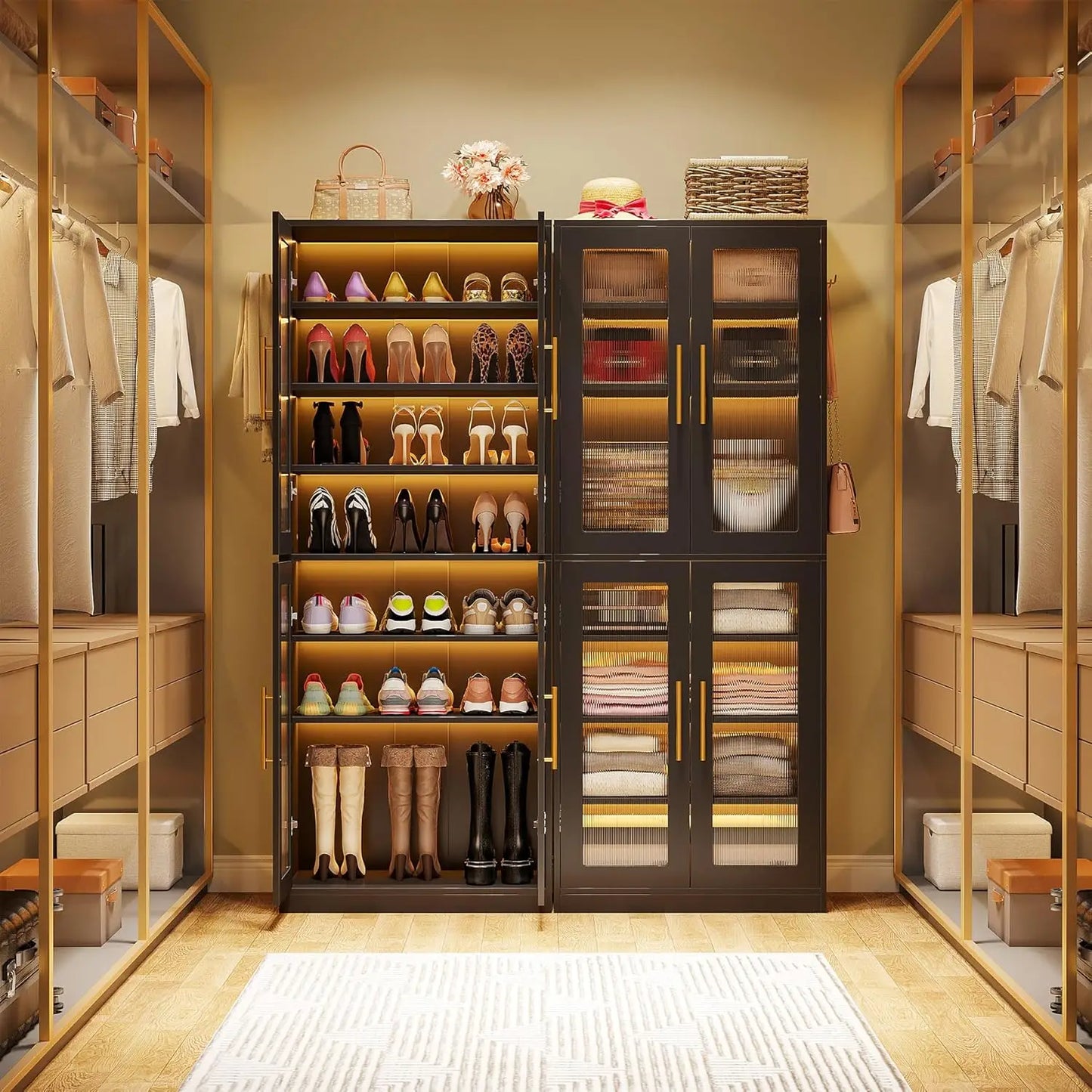 NEW Black Shoe Storage Cabinet with Acrylic Doors and LED Lights, 8-Tier Tall Entryway Shoe Organizer Rack,Living Room