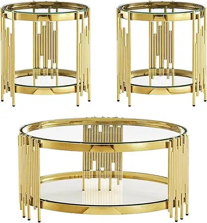 MKDK 3 Piece Glass and Stainless Steel Coffee Table Set With End Tables