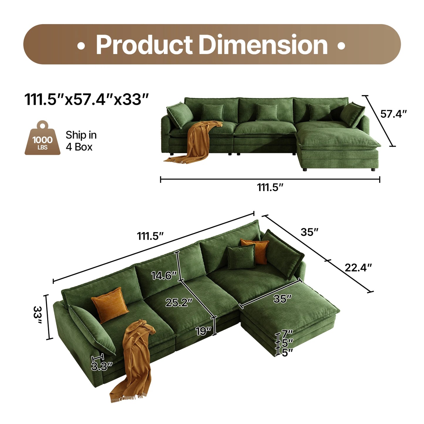 QWCCN L Shaped Modern Chenille Sofa Sectional With Ottoman