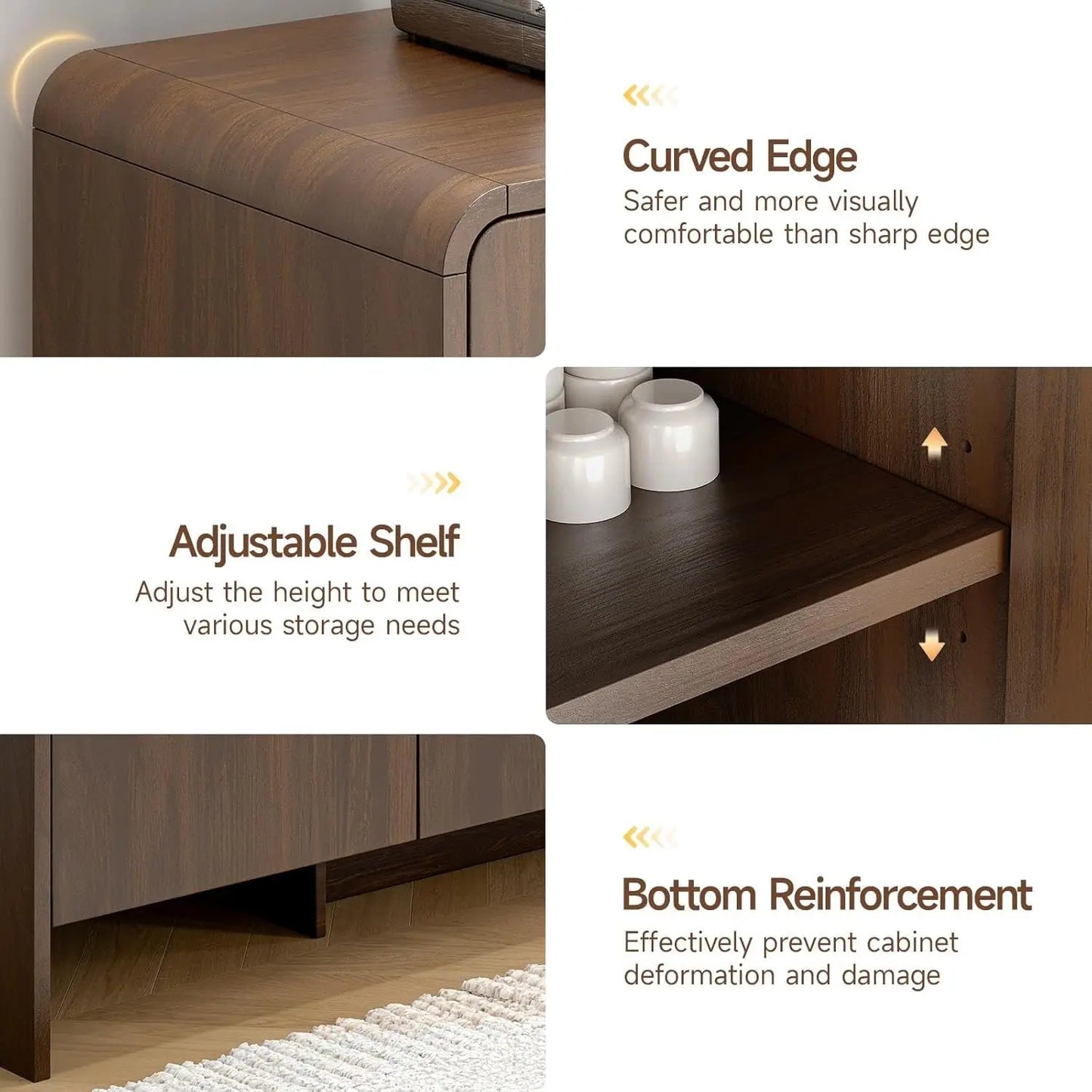 60" Sideboard Buffet Cabinet with Storage, Curved Design Farmhouse Coffee Bar Cabinet with 4 Doors & Adjustable Shelves