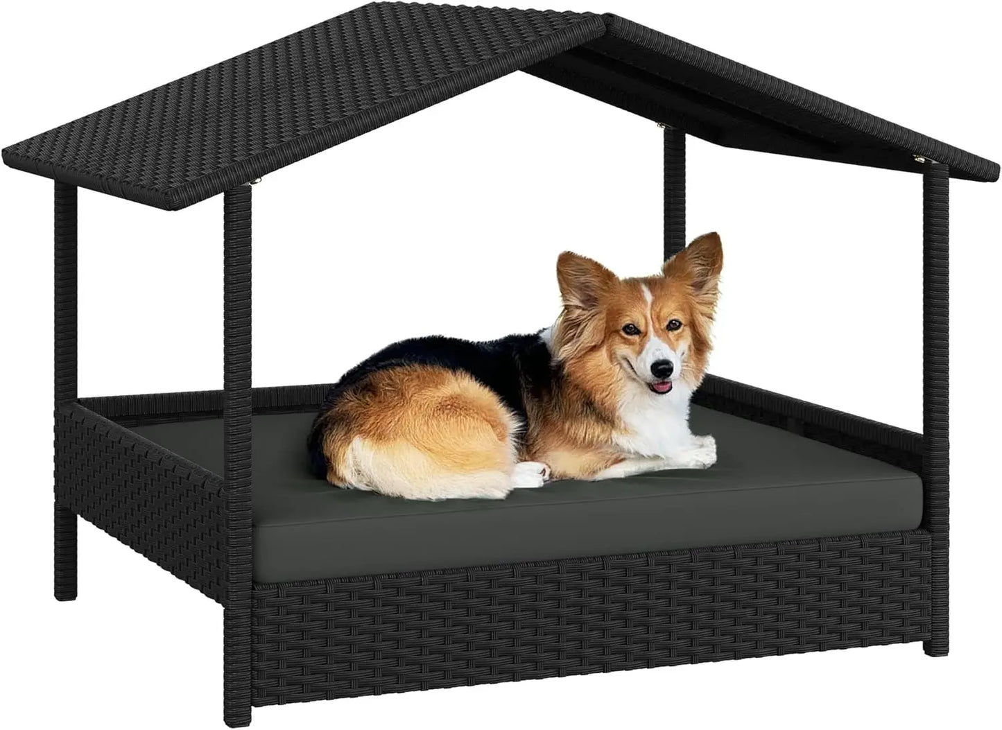 Wicker Dog House With Canopy Elevated Outdoor Shelter Bed For Small To Medium Dogs Shade For Patio And Deck