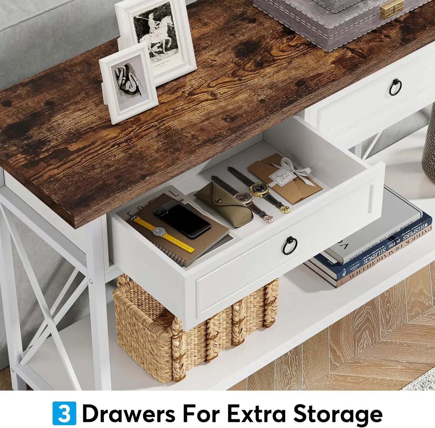 XMSJ Farmhouse Console Table With 3 Drawers And Entryway Storage Shelf