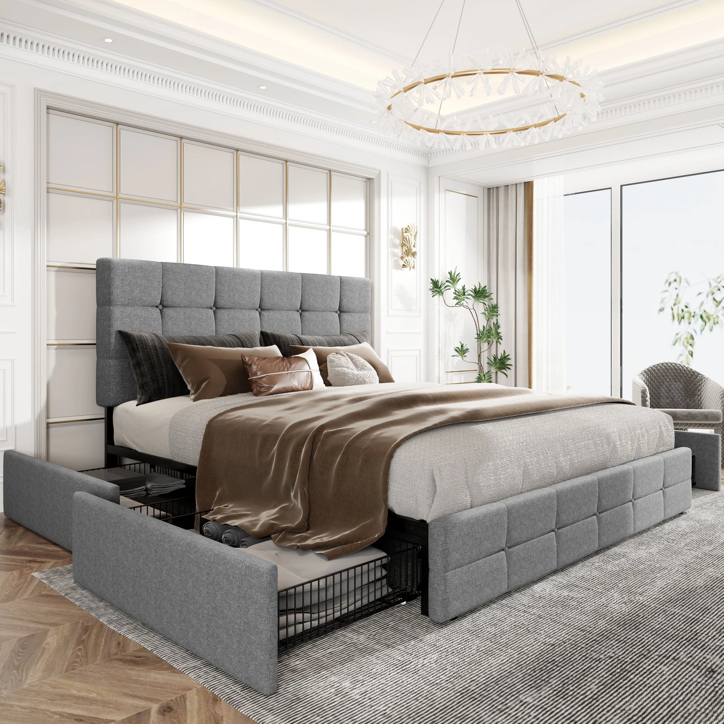 HOOMICH Platform Storage Bed Frame 4 Drawers Adjustable Headboard