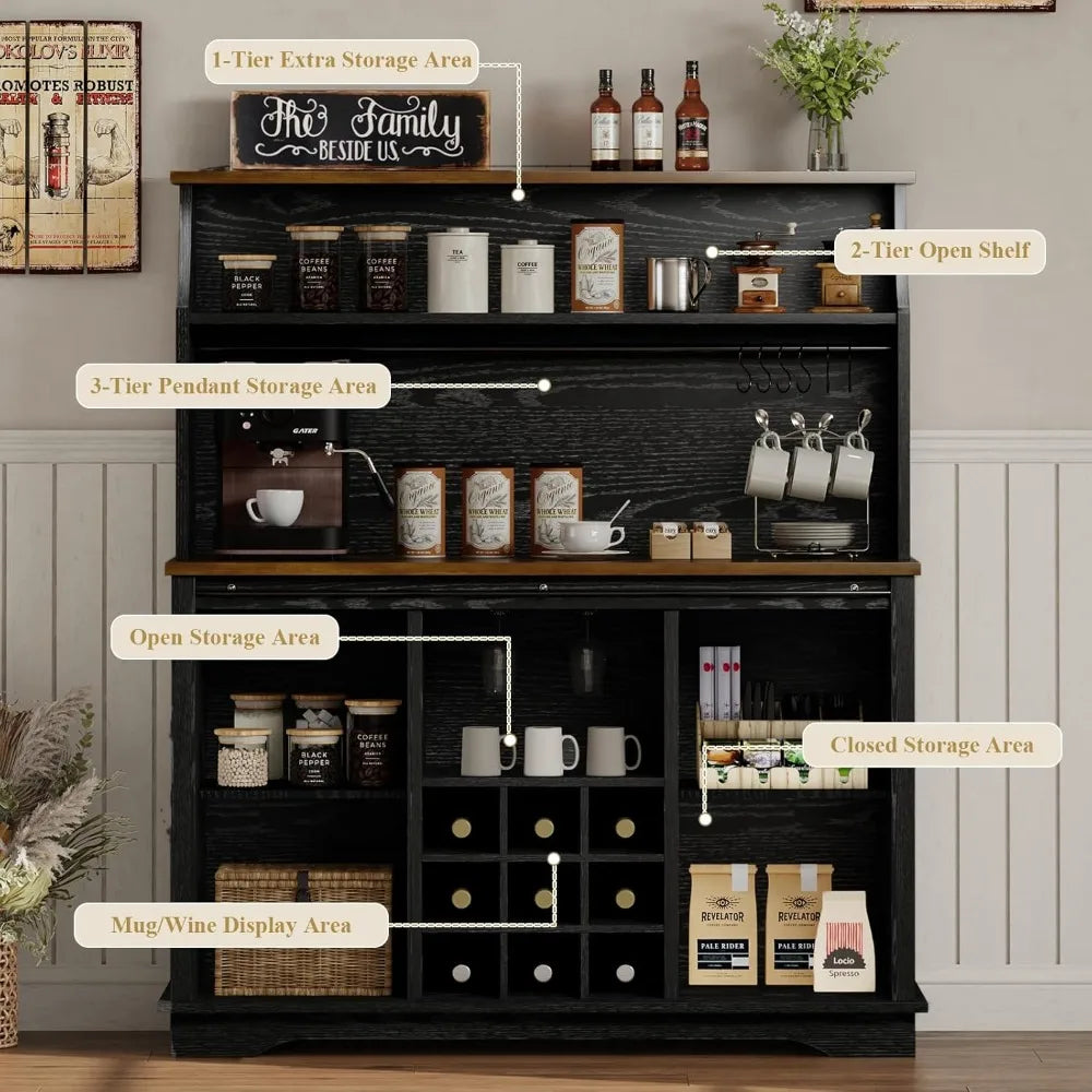 47" Farmhouse Coffee Bar with 3-Tier Storage, Kitchen Hutch with 12 Wine Racks & 3 Glass Holders, Coffee Hutch Cabinet with