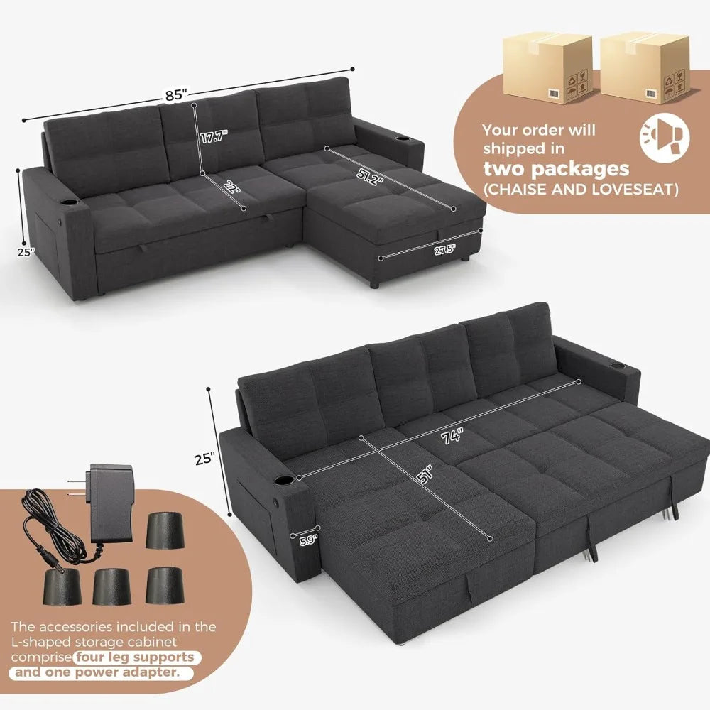 XIAOLANG Sectional Sleeper Sofa Bed With Storage USB