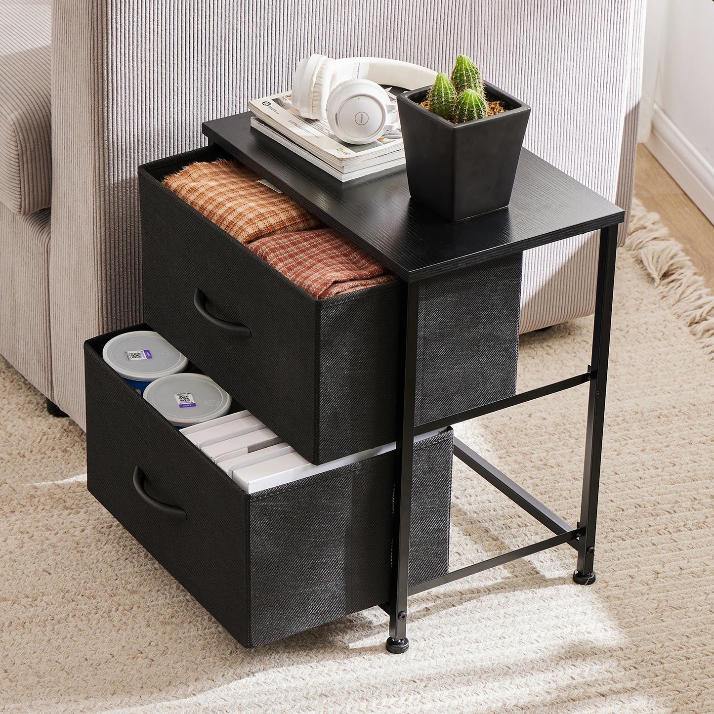 JHK Nightstand Bedside Table With Fabric Drawers For Bedroom