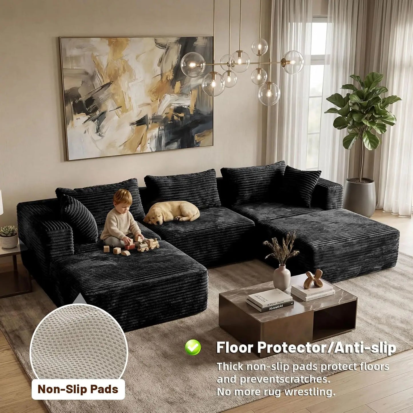Modular Sectional Sofa With Ottomans Corduroy Upholstery