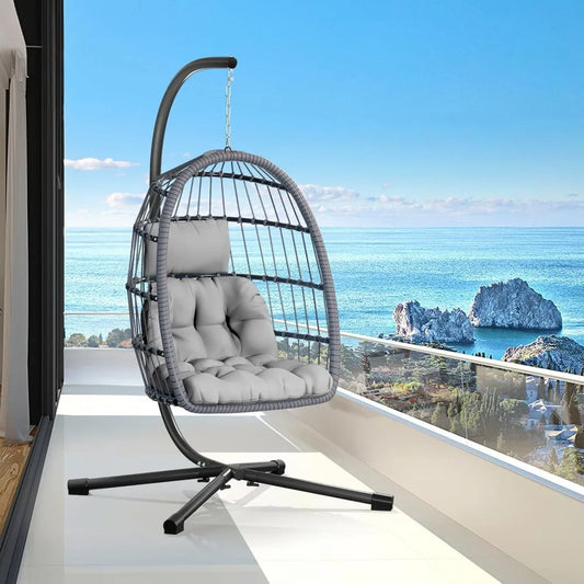 Egg Chair with Stand,Patio Rattan Wicker Hanging Swing Egg Chair Hammock Chair for Bedroom Porch Garden,Thickened Aluminum Alloy