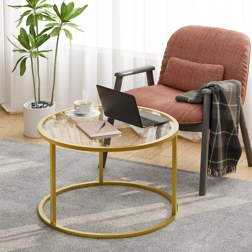 Round Glass Coffee Table With Metal Frame For Living Room
