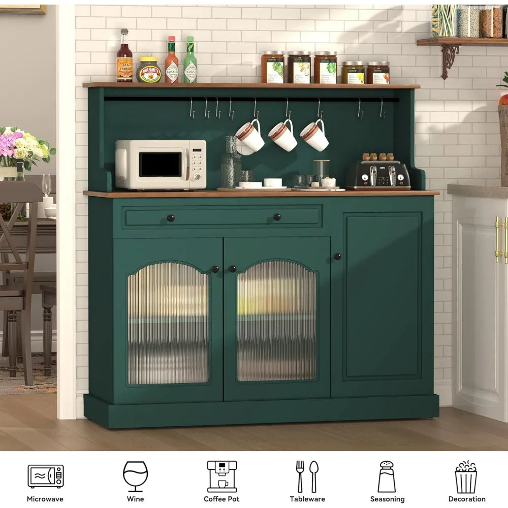 48” Kitchen Pantry with Glass Doors, Wood Coffee Bar Cabinet with Drawer, Green Microwave Cabinet with Hutch, Farmhosue Buffet