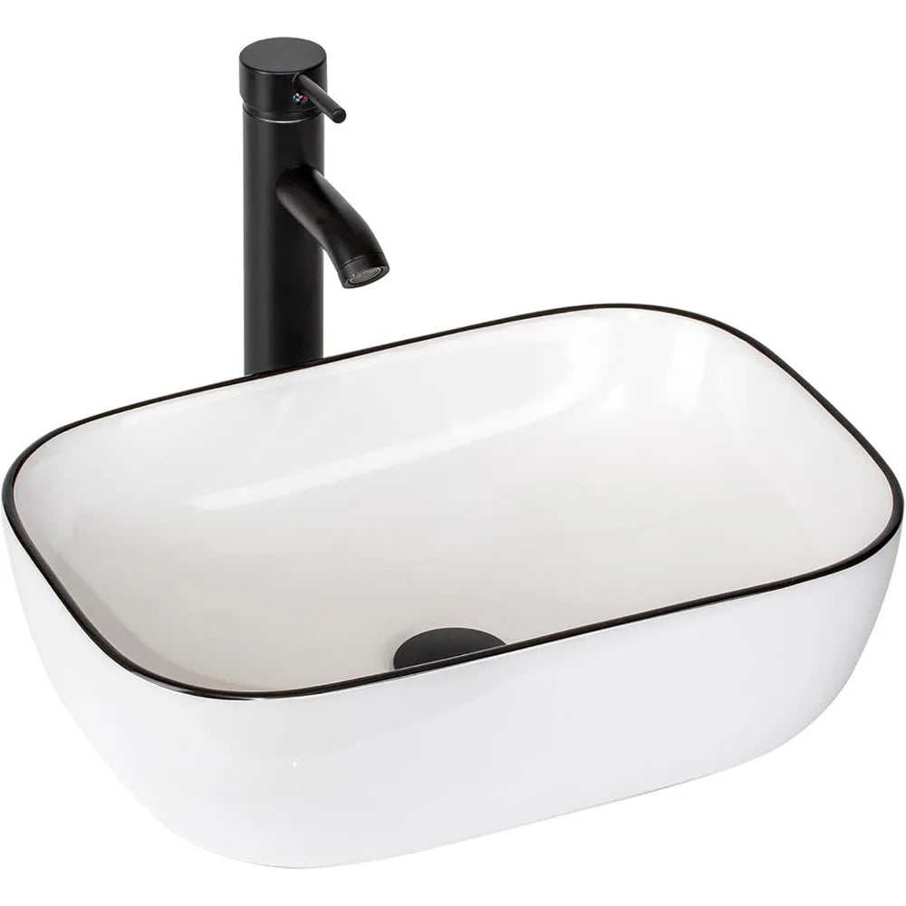 Bathroom Vessel Sink 18'' x 12.6'' Ceramic Porcelain Bathroom Sink Above Counter Basin Washing Bowl with Faucet Pop up Drain Com
