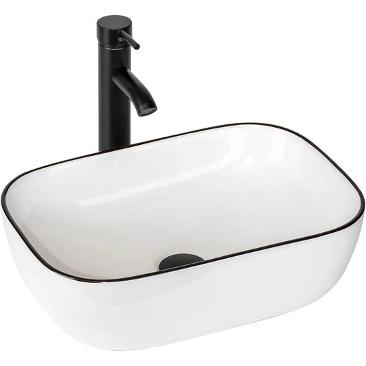 Bathroom Vessel Sink 18'' x 12.6'' Ceramic Porcelain Bathroom Sink Above Counter Basin Washing Bowl with Faucet Pop up Drain Com