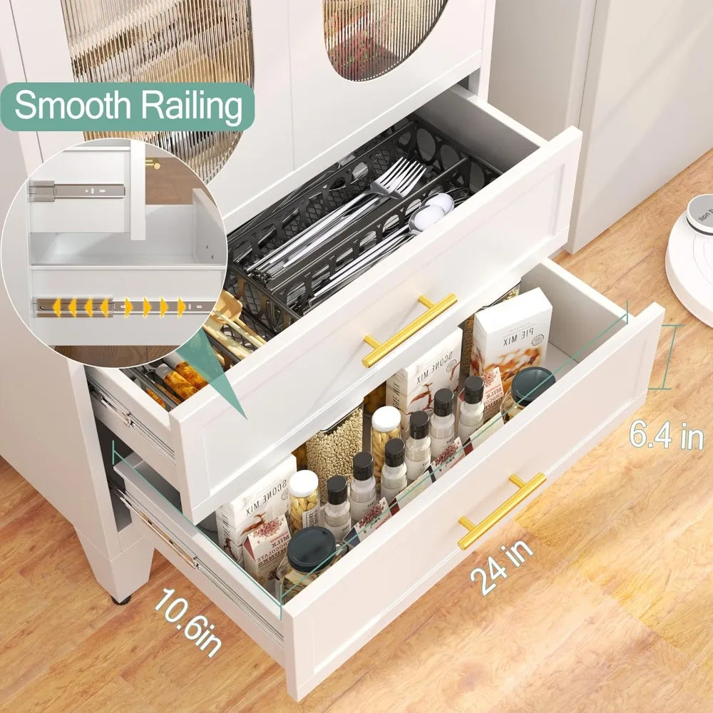 61" Tall Kitchen Pantry Storage Cabinet, White Metal Storage Cabinet with Adjustable Shelves & Glass Doors & Drawers, Food Pantr