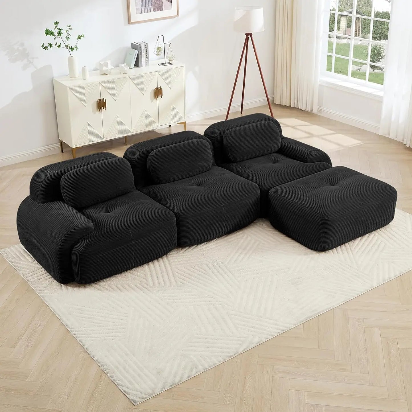 ZHUXIANG Modern Corduroy Cloud L Shaped Sofa With Ottoman