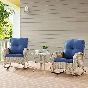 High Back Outdoor Wicker Rocking Chairs Set With Side Table For 3 Ideal For Patio Or Balcony