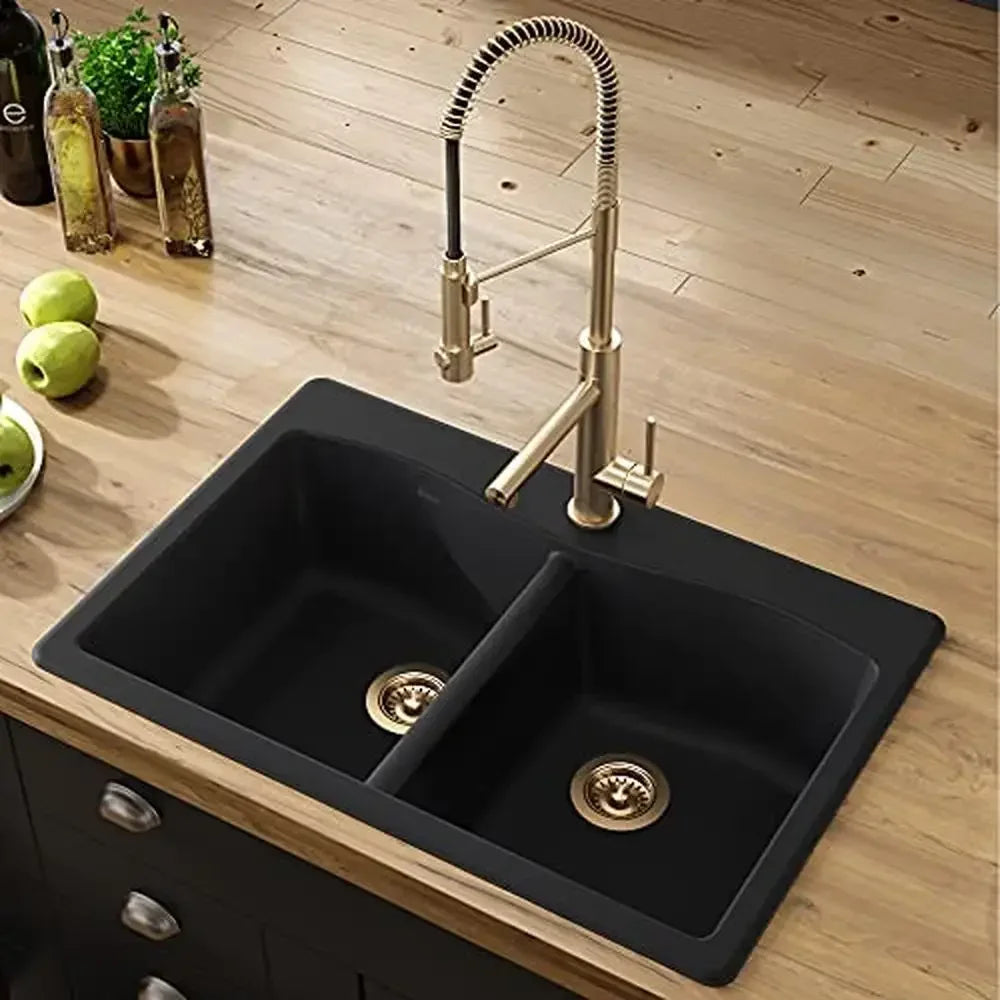 33" Dual Mount 50/50 Double Bowl Granite Kitchen Sink Impact-resistant Scratch-free Elegant Design Versatile Convenient Easy to