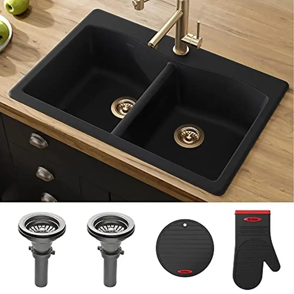 33" Dual Mount 50/50 Double Bowl Granite Kitchen Sink Impact-resistant Scratch-free Elegant Design Versatile Convenient Easy to