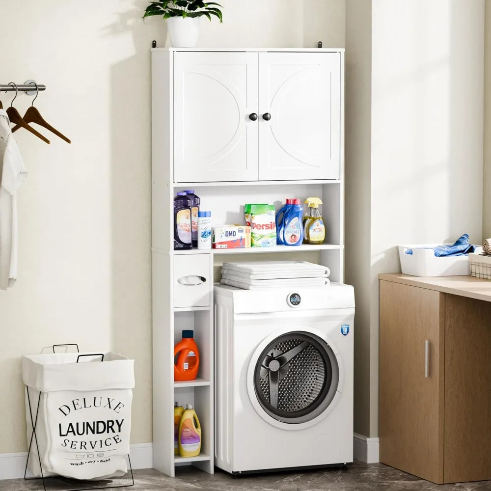 65" Tall Over Toilet Storage Cabinet with 2 Doors & Adjustable Shelves, Freestanding Bathroom Organizer for Small Spaces