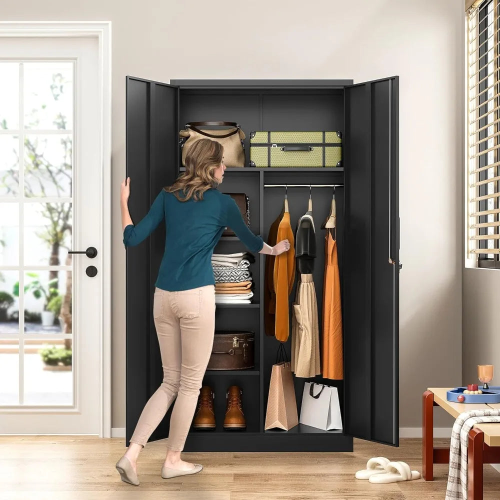 Metal Wardrobe Cabinet with Lock, 72 Armoire Closet with Hanging Rod, Lockable Storage Locker, Black Storage Cabinet with Lockin