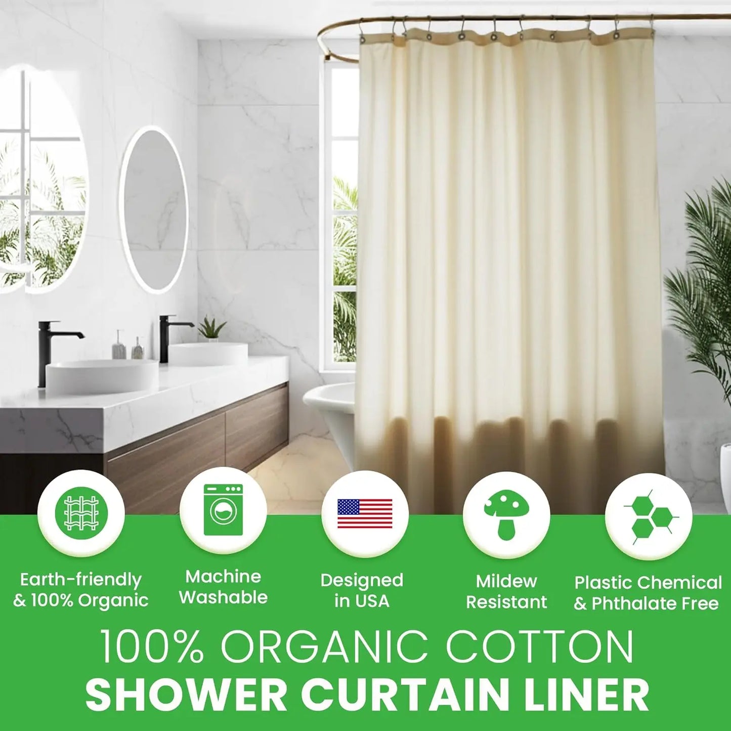 Natural Cotton Shower Curtain Liner Eco Friendly Washable Breathable