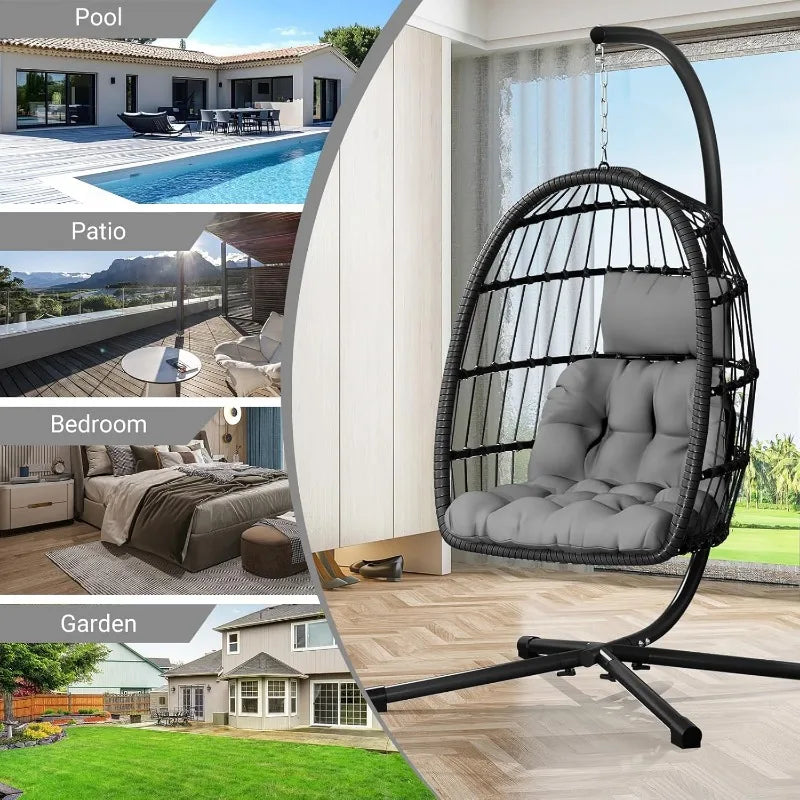 Egg Chair With Stand Rattan Wicker Hanging Swing For Bedroom Porch Garden Aluminum Frame UV Resistant Cushion 350 LBS