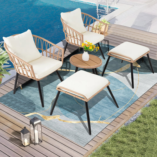 PORWEY 5 Piece Patio Bistro Set Outdoor Wicker Chairs All Weather PE Rattan With Ottoman And Coffee Table