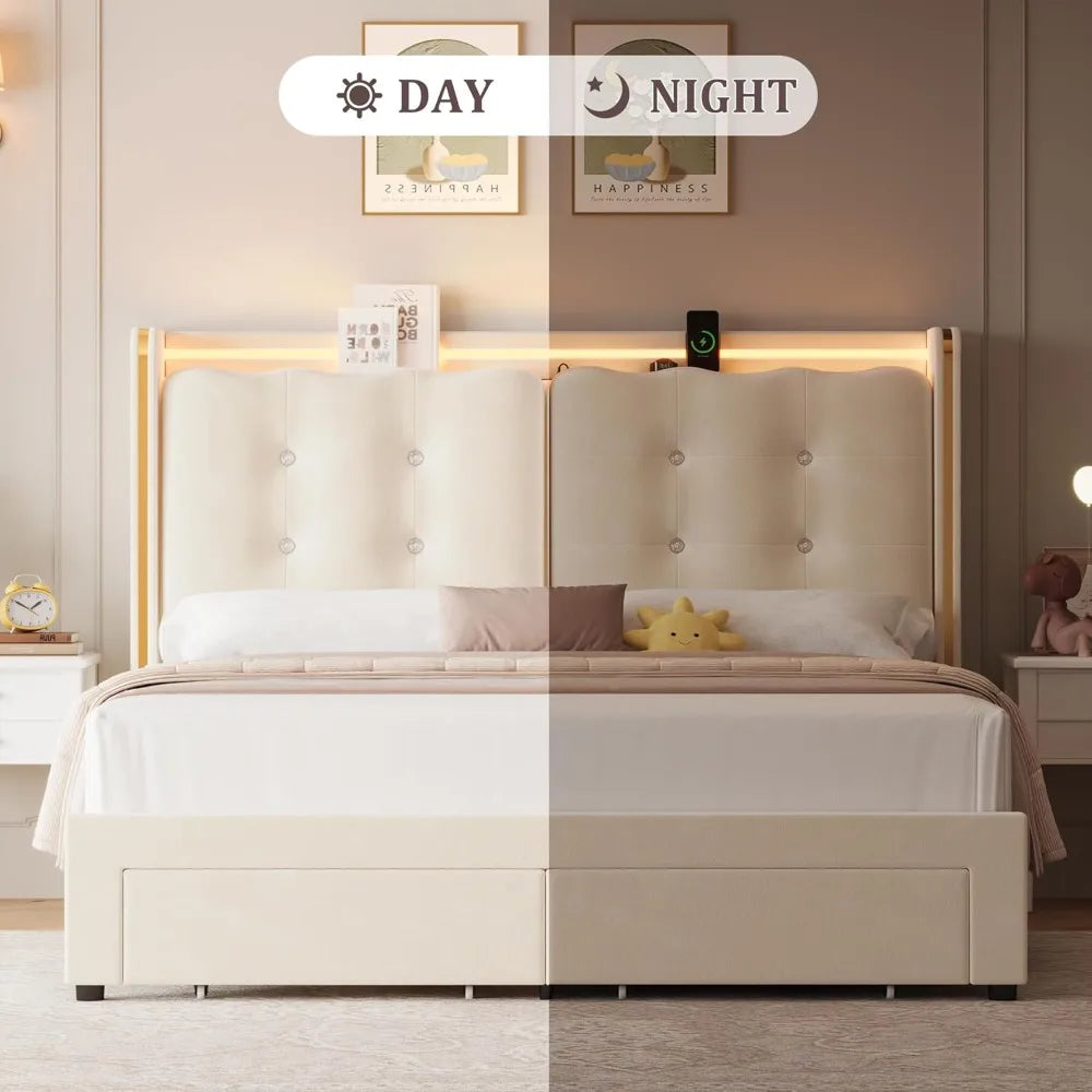 LED Bed Frame With Charging Station And Storage Drawers