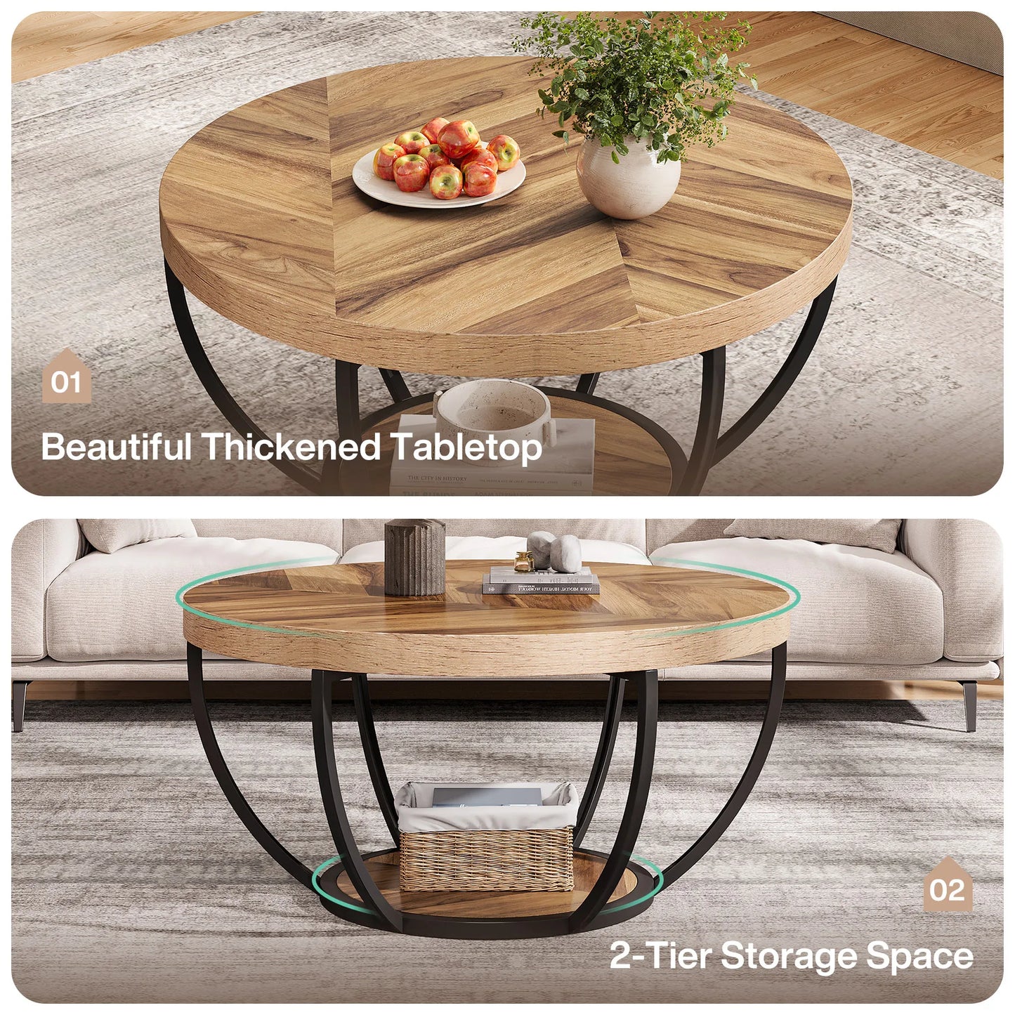 Tribesigns Round Coffee Table With Two Tier Storage Shelves