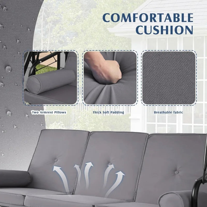 Outdoor Porch Swing with Canopy and Stand, 3 Person Patio Swing for Adults, Convertible 2 in 1 Porch Bed Swing with Cup