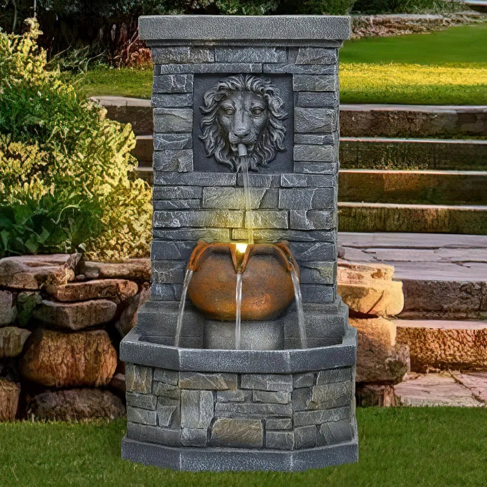 Desgmomy Lion Head Outdoor Water Fountain Garden Lights